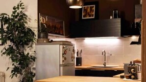 A kitchen with a central island, two stools, a potted plant, and a radiator. - Renaissance Residence In San Miniato with a view (San Miniato)