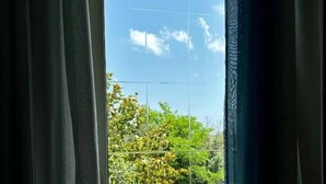 Een uitzicht op groen en een heldere lucht.