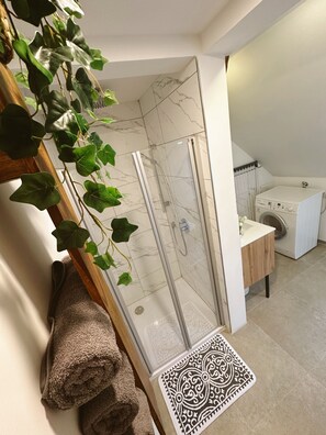 Dusche, Haartrockner, Handtücher, Seife