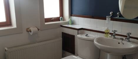 A bathroom with a toilet, sink, and window.