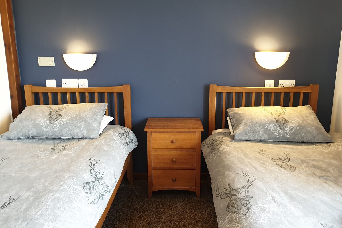 Two twin beds with patterned bedding, a wooden nightstand between them, and wall-mounted lights.