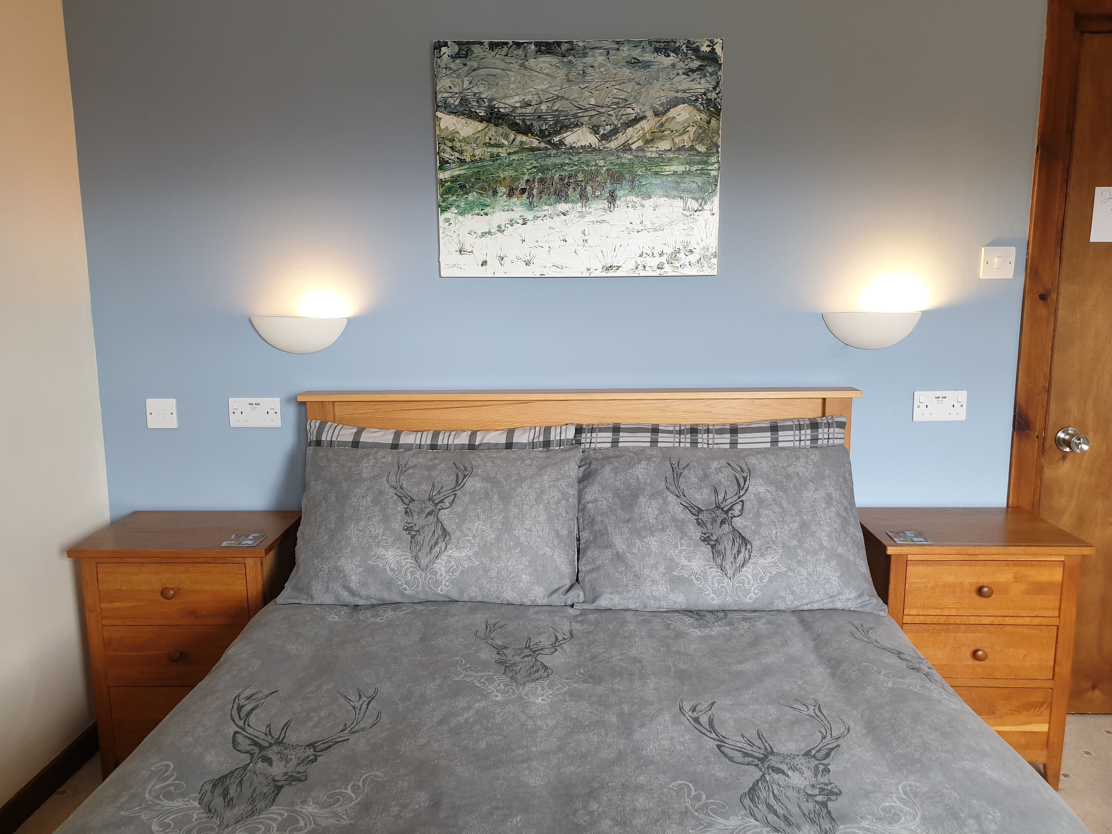 Quarto com cama, duas mesas de cabeceira, cabeceira de madeira, um quadro na parede e duas luminárias de parede.
