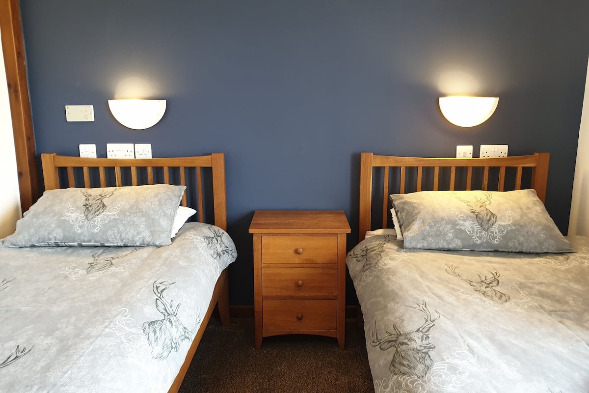 Two twin beds with patterned bedding, a wooden nightstand between them, and wall-mounted lights.