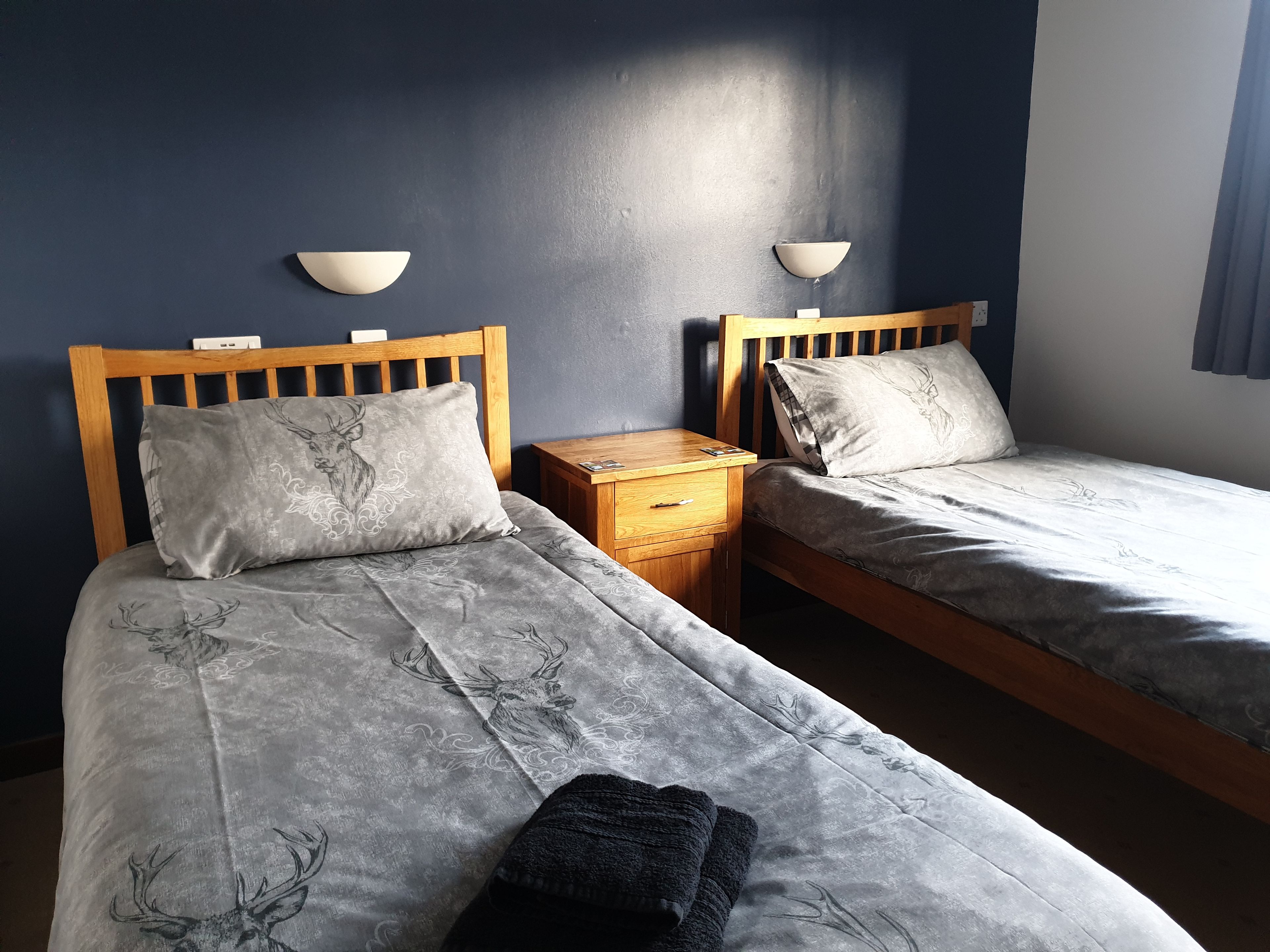 Two single beds with matching headboards and footboards, a wooden nightstand between them, and a wall-mounted lamp on each side.