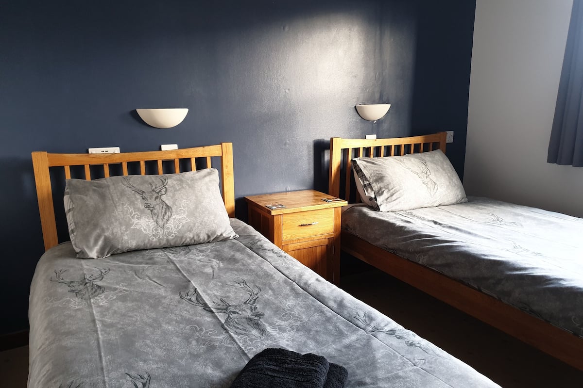 Two single beds with matching headboards and footboards, a wooden nightstand between them, and a wall-mounted lamp on each side.