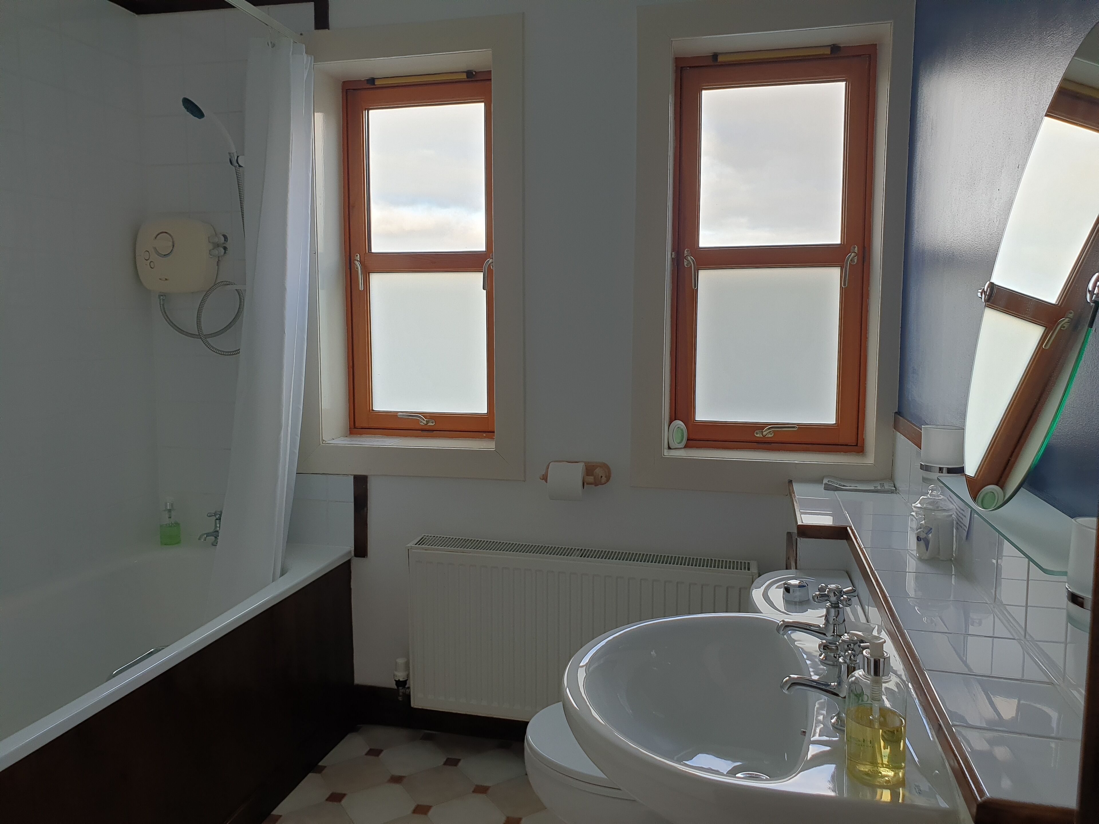 Een badkamer met twee ramen, een toilet, een wastafel en een spiegel.