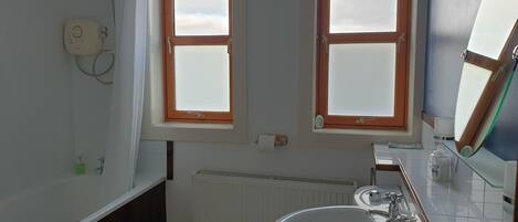 Een badkamer met twee ramen, een toilet, een wastafel en een spiegel.