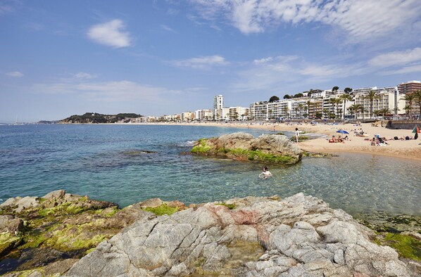 A coastal beach with clear waters, rocky foreground, and a row of buildings in the background.