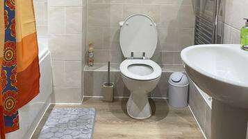 Combined shower/tub, deep soaking tub, hair dryer, towels