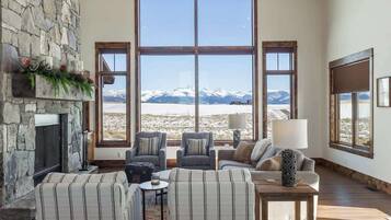Smart TV, fireplace, books, offices