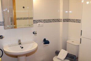 Hair dryer, bidet, towels, toilet paper