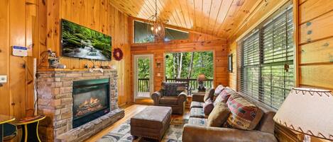 Smart TV, chimenea, videojuegos