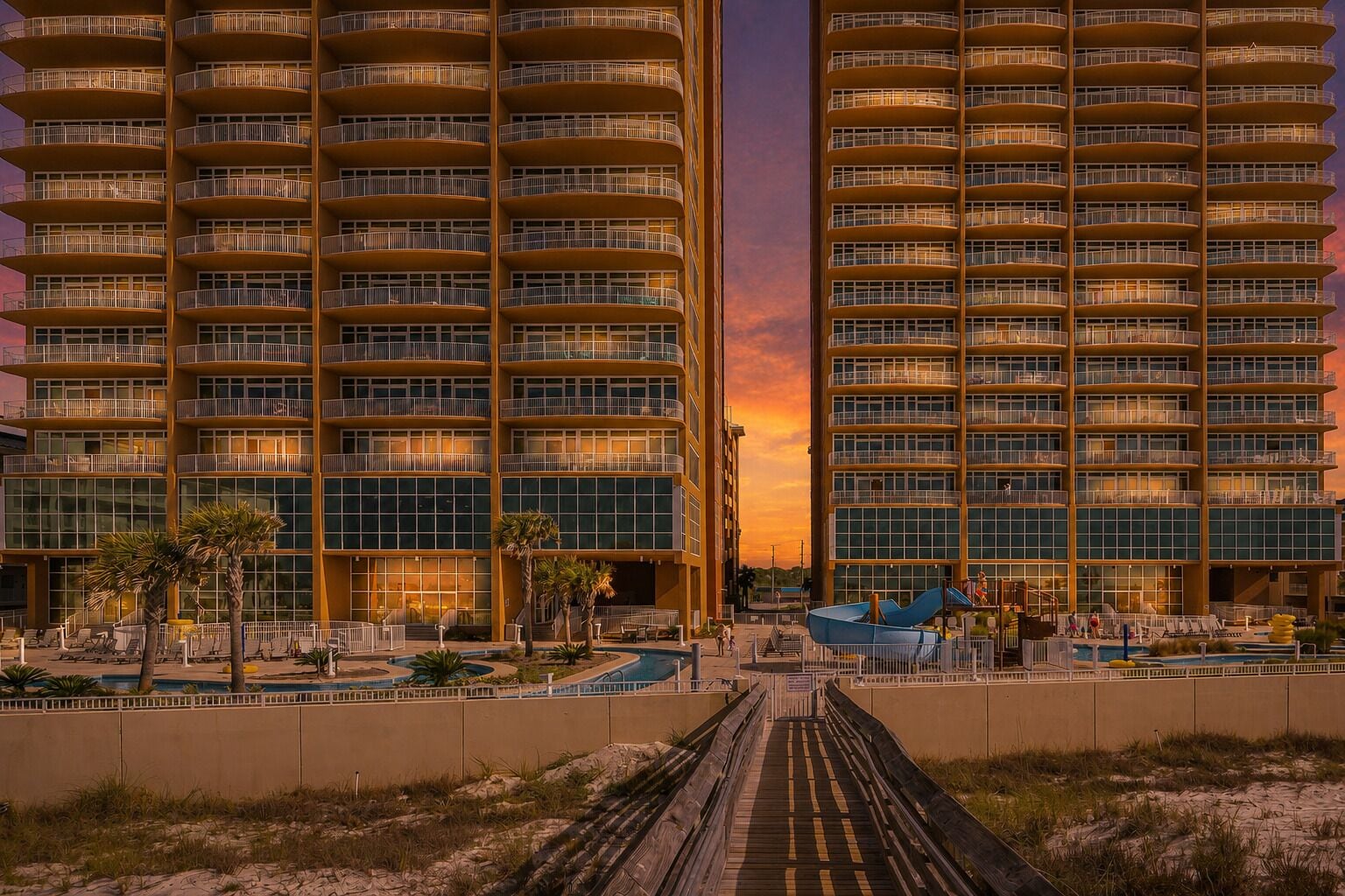 A high-rise hotel with multiple balconies, a swimming pool, and a boardwalk leading to a beach.