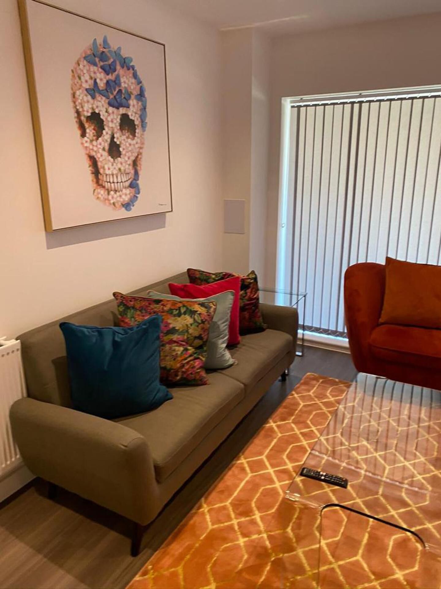 A living room with a sofa, colorful cushions, a giraffe-patterned rug, a remote control, and a skull artwork on the wall.