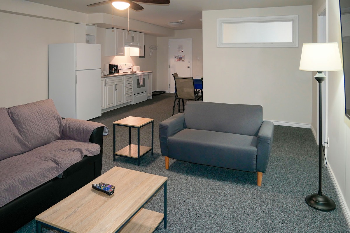 Un espace de vie compact comprenant un canapé, un fauteuil, une table basse et un petit coin cuisine.