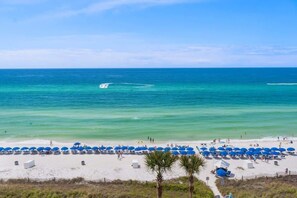 A beach with rows of umbrellas and lounge chairs, a clear sky, and calm sea. - 3 bedroom l Beach Chair Service Included l 2 Kings (Panama City Beach)
