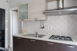 Een koelkast, een oven, een kookplaat, een vaatwasser