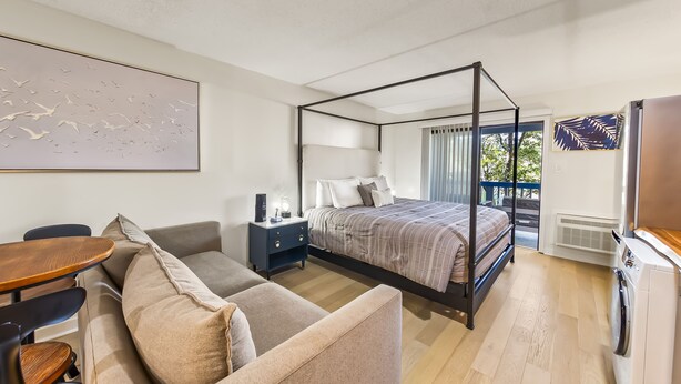 A modern bedroom with a four-poster bed, a sofa, a small table, and a washing machine. - Beautiful new studio on the water (New Bern)