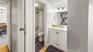 Secadora de cabello, toallas, jabón, shampoo