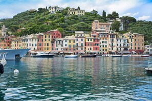 A waterfront with colorful buildings, boats docked, and a hill with houses in the background.