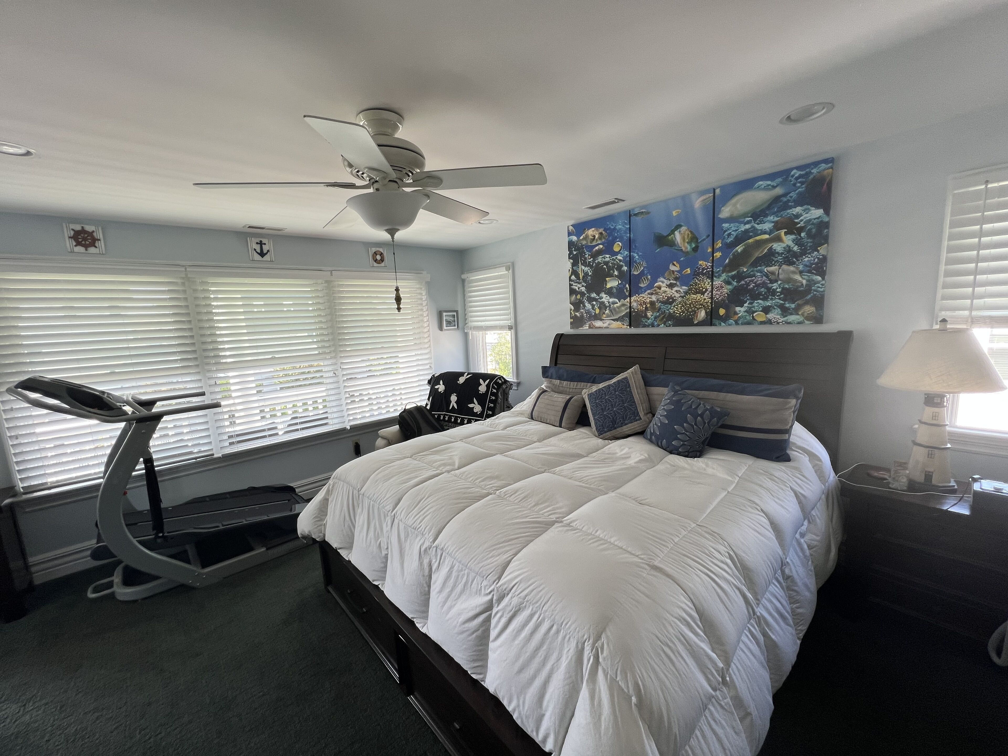 A bedroom with a bed, exercise bike, ceiling fan, artwork, and a nightstand.