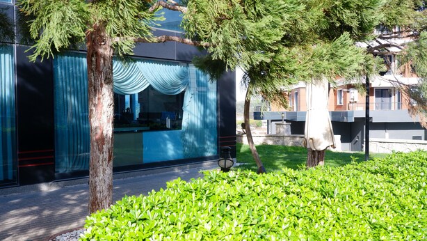 A modern building with large windows, a tree in the foreground, and a well-maintained lawn. - Hotel La Bella Soma (Soma)
