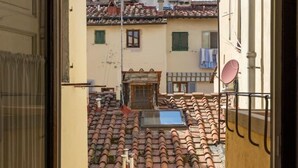Vue d’un quartier résidentiel avec des toits recouverts de tuiles en terre cuite, une antenne parabolique et une fenêtre avec un volet.
