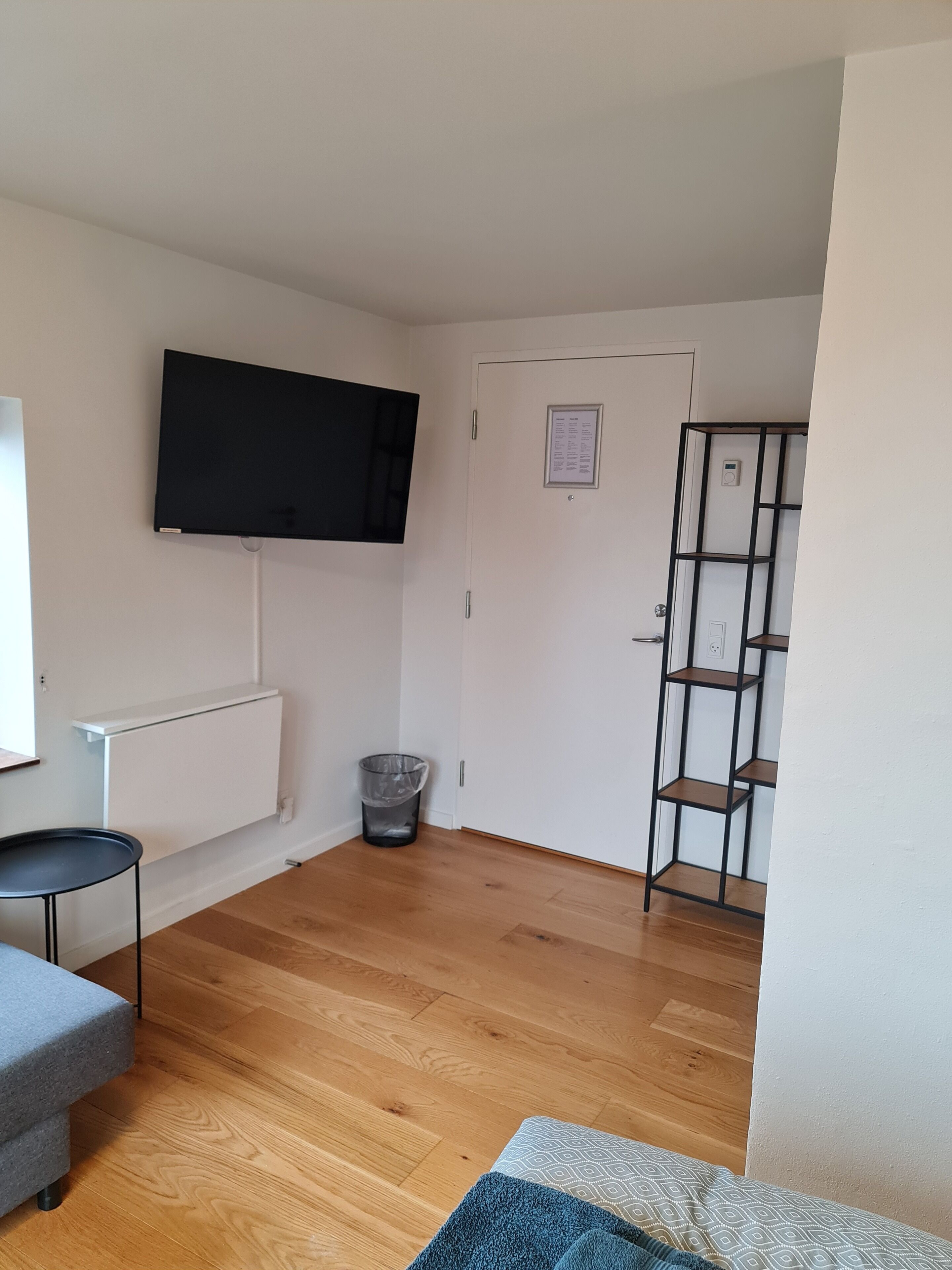 A room with a wooden floor, a grey sofa, a black TV mounted on the wall, a white door, and a metal shelving unit.