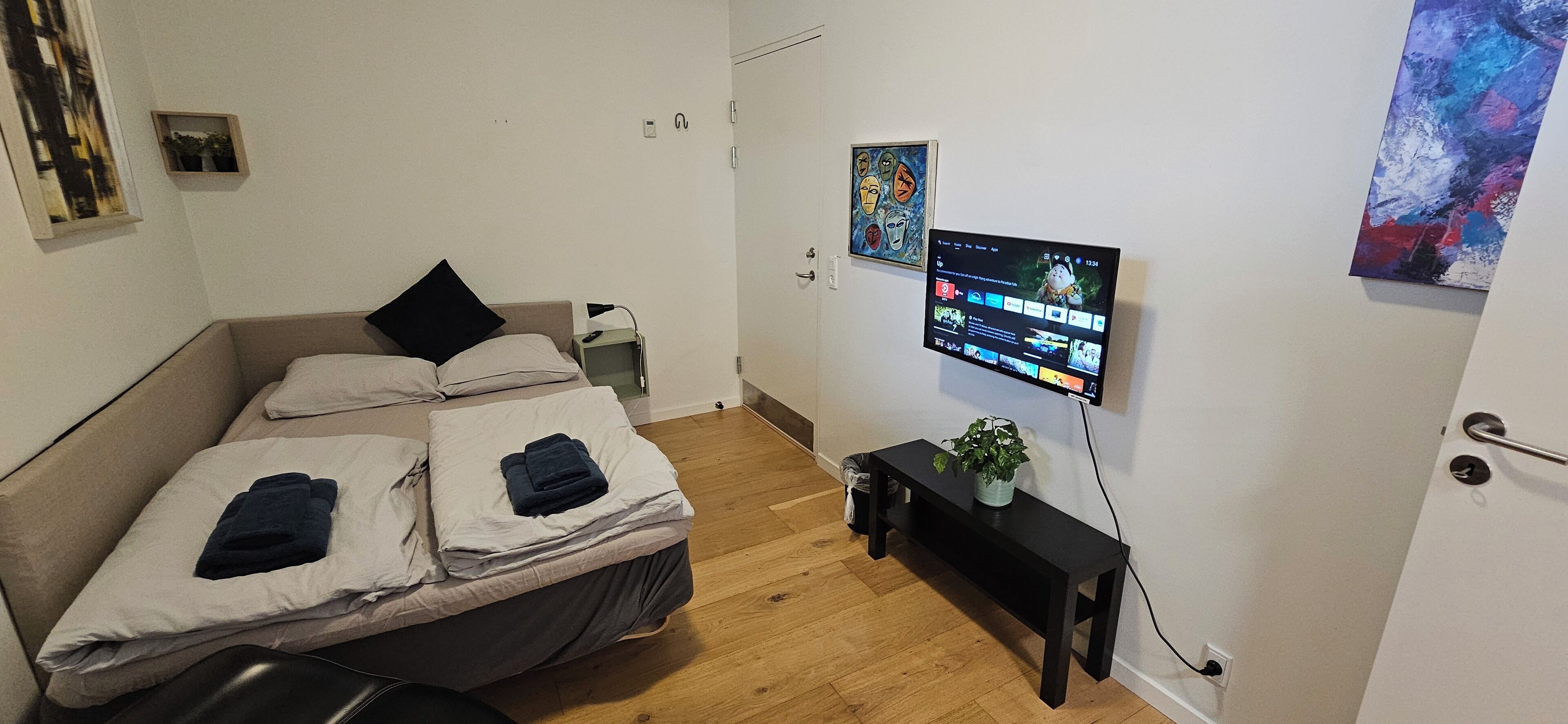 Un dormitorio con cama, mesita de noche, televisor y una planta pequeña.