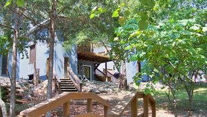 A wooden bridge in a wooded area with a building in the background. - Tribesman Resort #22 - Renovated Cabin, Minutes to Silver Dollar, Great Location (Branson)