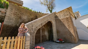 Un arco in pietra che conduce a un cortile con una recinzione in legno e una pianta in vaso con fiori rossi.