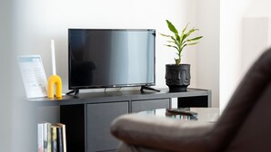Un salon moderne avec un téléviseur à écran plat posé sur un meuble en bois foncé, une plante en pot et un magazine sur une petite table.