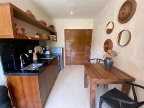 Fridge, microwave, stovetop, coffee/tea maker