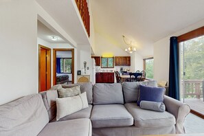 TV, fireplace, books