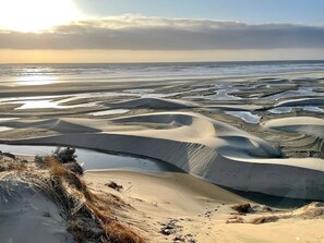 A desert landscape with sand dunes and a body of water.