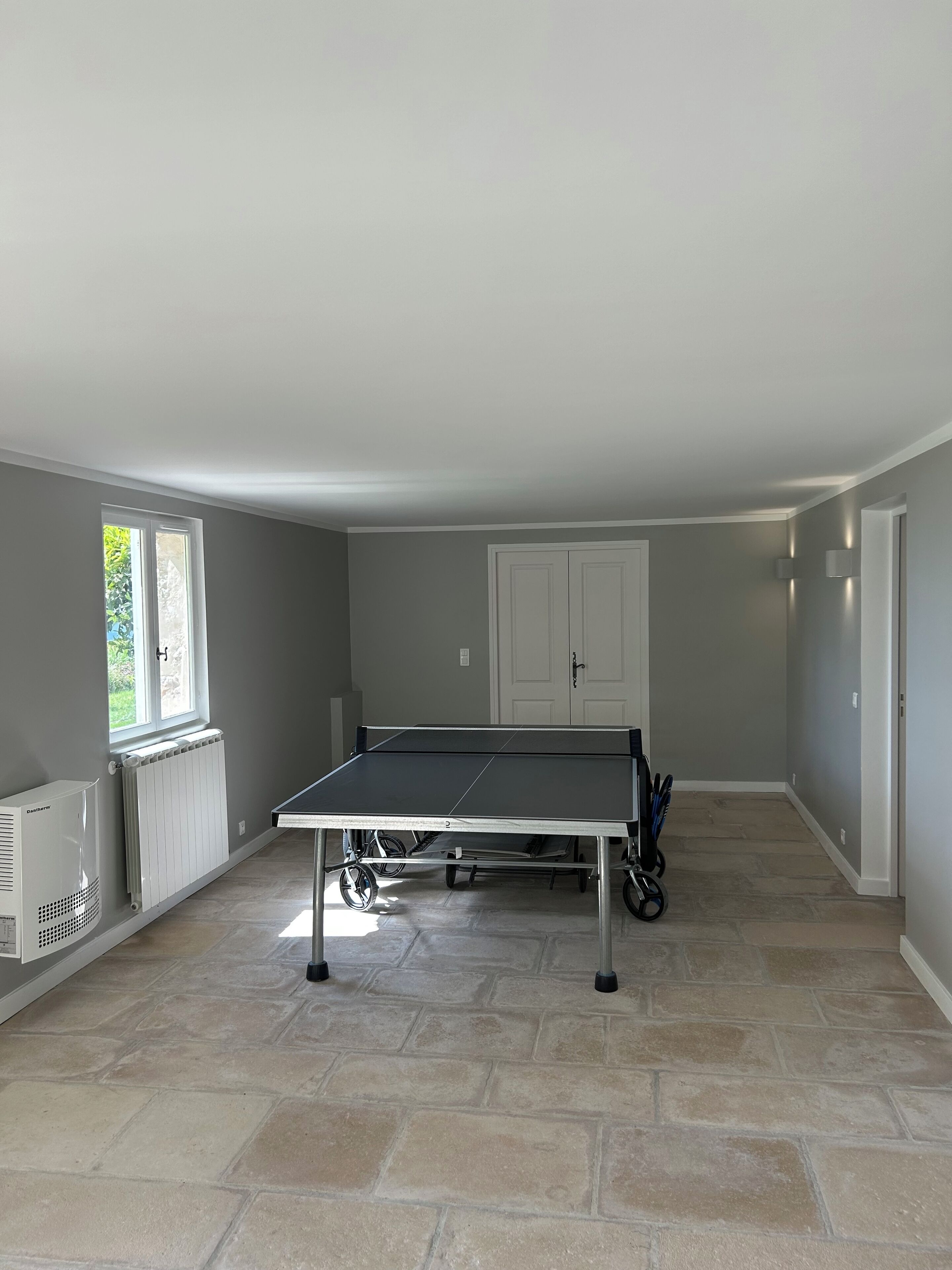 Une pièce spacieuse équipée d’une table de ping-pong, d’un radiateur et d’une porte.