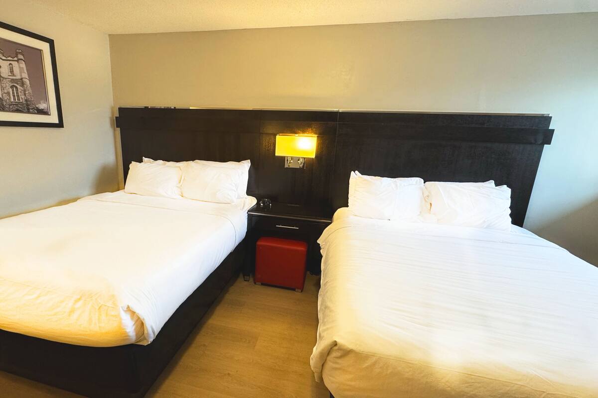 Ein Hotelzimmer mit zwei Einzelbetten, einem Nachttisch mit Lampe, einem gerahmten Bild an der Wand und einer roten Bank.