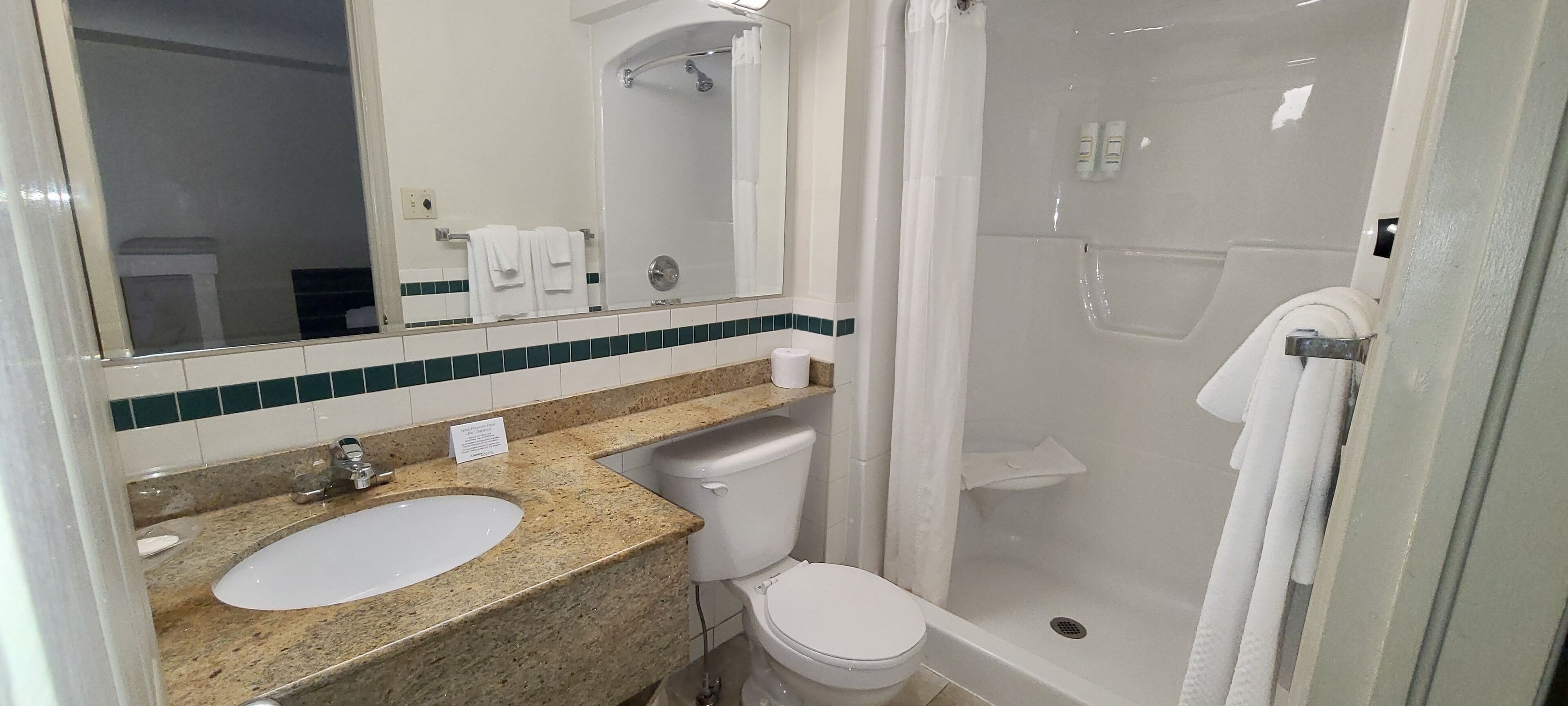 A bathroom with a granite countertop sink, a toilet, a shower with a glass door, and a mirror above the sink.