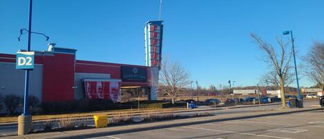 A building with a 'D2' sign, a tall tower with 'CASINO' signage, and a 'SHORELINE' banner.