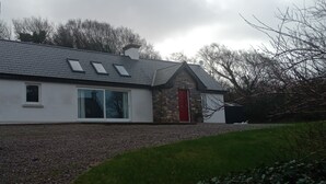 A modern house with a stone facade, a red door, and a sloped roof with skylights.
