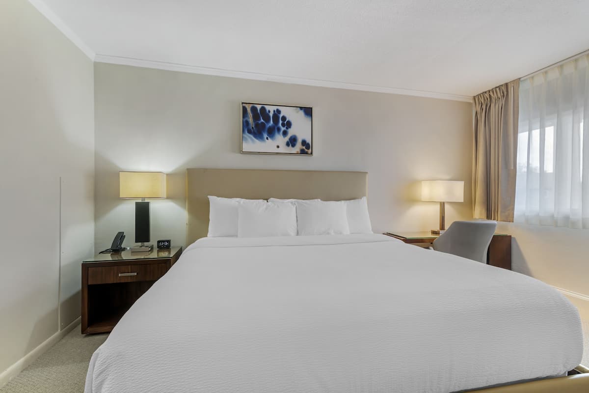 A hotel room with a large bed, two bedside tables with lamps, a chair, and a painting on the wall.