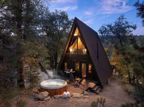 Romantic A-Frame Cabin w/ Hot Tub, Fire Pit, Boulders, Fireplace, Hiking, Skiing