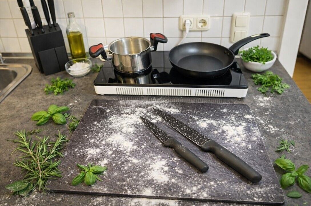 Eine Küchenarbeitsplatte mit Herd, Töpfen, einer Pfanne, einem Schneidebrett mit Messer und frischen Kräutern.