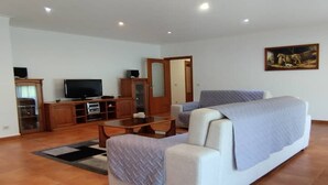 A living room with a sofa, a television, a cabinet, and a painting on the wall. - Casa Rural Muito Tranquila (Ortigosa de Cima)