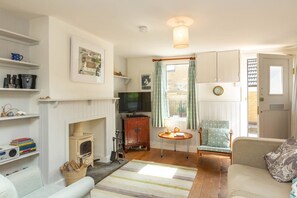 Una Smart TV, una chimenea, libros
