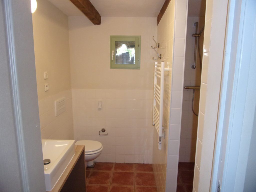 A bathroom with a toilet, a sink, and a shower area.
