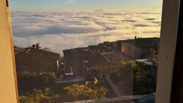 Vista a través de una ventana con mosquitero, mostrando un cielo al atardecer y edificios al fondo.