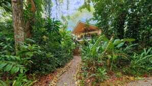 Un sentier menant à une maison entourée d’une végétation tropicale luxuriante.