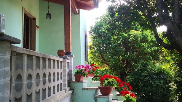 A covered porch with a wooden ceiling, a concrete railing, and potted plants with red flowers. - Franco house with pool (Orentano)