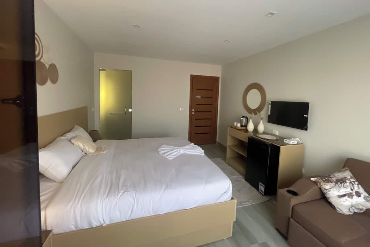 Habitació d'hotel amb un llit, escriptori, televisió i sofà.
